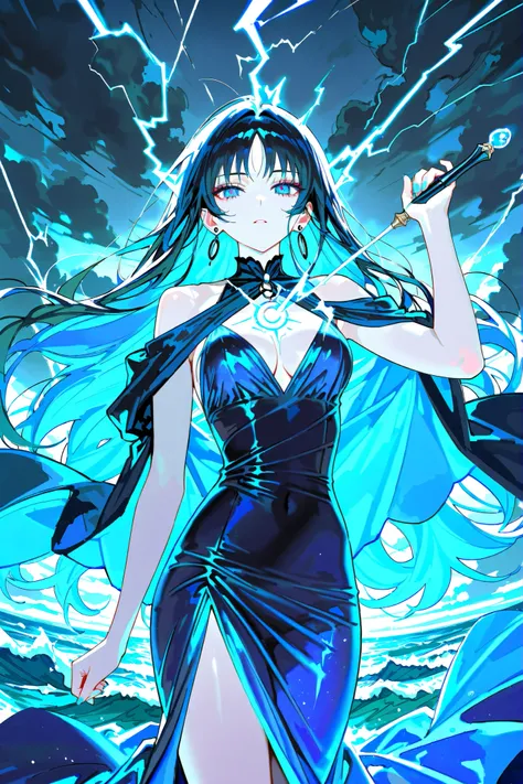 Female in her 30s, Powerful Sea Witch, elegant blue silk dress, Long Wavy Black Hair, Shining Deep Sea Blue Eyes, Faces with Sharp Features, pale skin, Hand with a Magic Wand, On the Stormy Sea, Rough waves , Lightning sky, dark clouds, Magical Vortex, Mys...