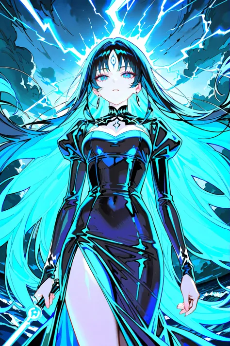 Female in her 30s, Powerful Sea Witch, Elegant Blue Silk Dress, Long Wavy Black Hair, Shining Deep Sea Blue Eyes, Faces with Sharp Features, pale skin, Hand with a Magic Wand, On the Stormy Sea, Rough waves , Lightning sky, dark clouds, Magical Vortex, Mys...