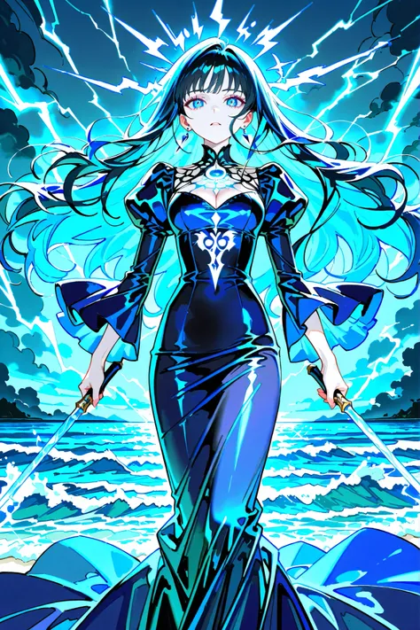high quality, Photograph , detail the corner of the eye, Powerful Sea Witch, Elegant Blue Silk Dress, Long Wavy Black Hair, Shining Deep Sea Blue Eyes, Faces with Sharp Features, pale skin, Hand with a Magic Wand, On the Stormy Sea, Rough waves , Lightning...
