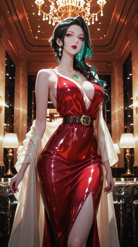 Highest Quality, masterpiece, ultra high res, 1 woman, Elegant Lady, mature beauty, One Shoulder Crimson Dress, Silk material, Graceful Posture, Sparkling jewel brooch, glossy black hair, up hair, pearl earrings, Long neck, Slender Figure, Wide Leather Bel...