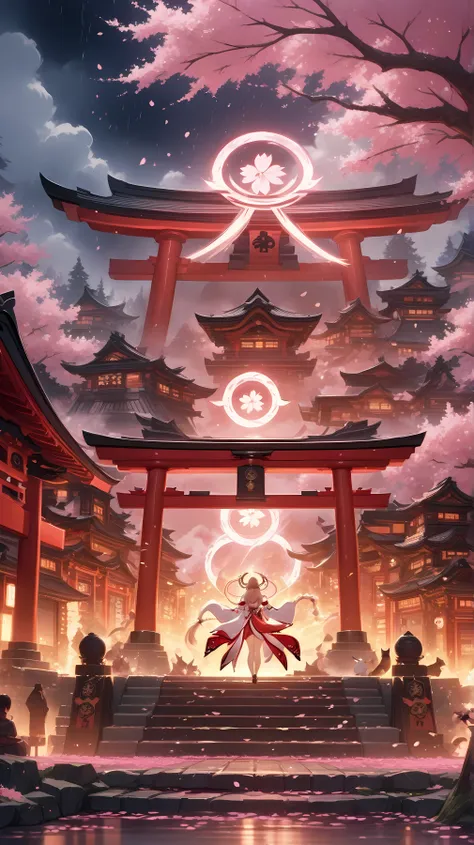 Award winner,supreme detail, high quality, masterpiece, best quality, imax cinematic anime-style illustration, fantasy elements, soft watercolor texture, detailed magical effects, pink-gold and cherry blossom tones, Great Narukami Shrine and gigantic cherr...