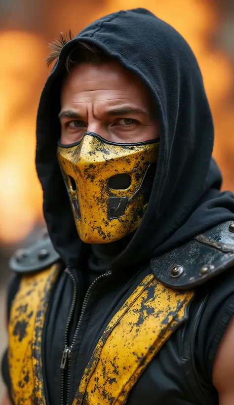 Scorpion from Mortal Kombat — Ben AFFLECK
Metallic mask on the mouth (detalhada, with yellow diamonds), sem capuz.
Black and gold costume with polished metal plates.
Olhar furioso, visible hair .
Fundo: burning ruins .
Orange fire light reflecting on the ...