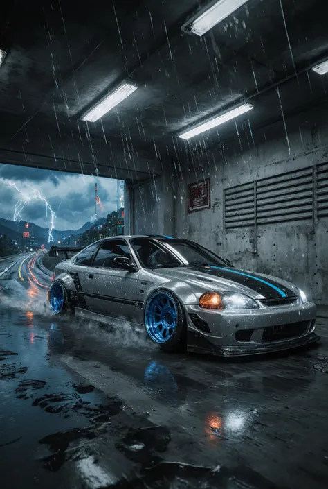 The image is a 3D rendering of a tuned sports car, a tuned 1998 Honda Civic coupe, very low suspension, sparkling, metallic silver, heavy, wheels turned outwards, wide tires, tinted windows, dynamic, parked in a concrete garage. The car is located on the l...