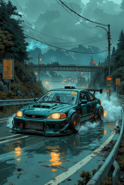 heavy rain, night, tuned 1998 Honda civic coupe, low suspension, sparkling, in color: RAL 6004
Blue-green dark metallic, heavy, wheels turned outwards, tires wide, tinted windows, dynamic, in the middle of traffic, racing at maximum speed along a winding h...