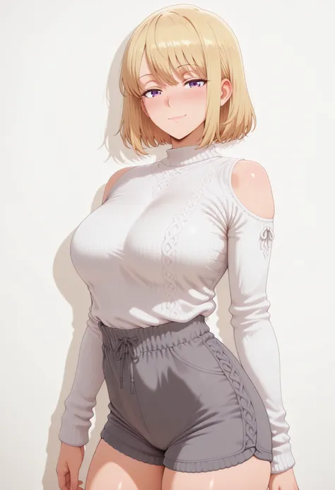 masterpiece, best quality, amazing quality, 1girl, solo, looking at viewer, blushing,, mature girl,side view, light smile, seductive, short hair, blonde hair, purple eyes, , ,bubble breasts, seductive twist, exaggerated voluptuous figure with impossibly la...