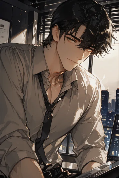 Masterpiece, best quality, high resolution, detailed illustration. Handsome man, around 30 years old, short black hair styled neatly with a natural side flow, not fully slicked back. Wearing a stylish dark business suit with a tie, professional and well-fi...