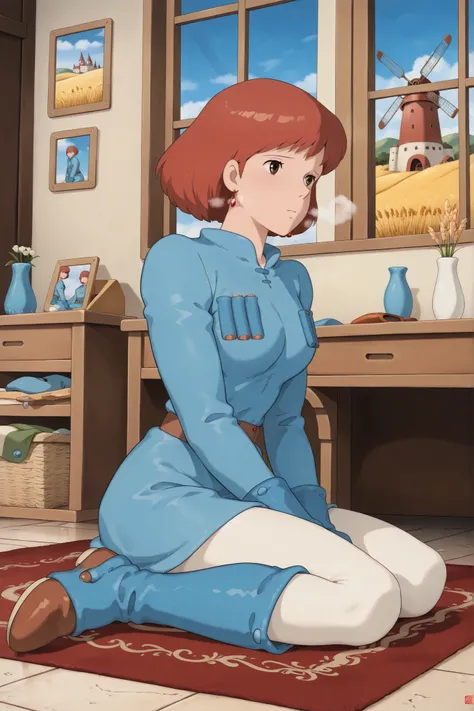 white tights,,Nausicaa,1girl,brown hair,medium hair,brown eyes, breasts,, (Masterpiece, top quality, 8k, High quality anime, detailed and accurate anime poster, Studio Ghibli style, High sense Art ), adorable face, very kind face, Sitting in front of dress...