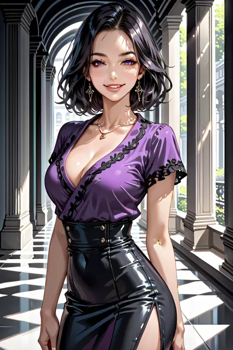 score_9, score_8_up, score_7_up, masterpiece, best quality, 1girl, Japanese woman, early 40s, cowboy shot, beautiful face, confident pose,
purple silk blouse, tight black mini skirt, refined silhouette,
intelligent smile, full lips, soft wavy black hair, p...
