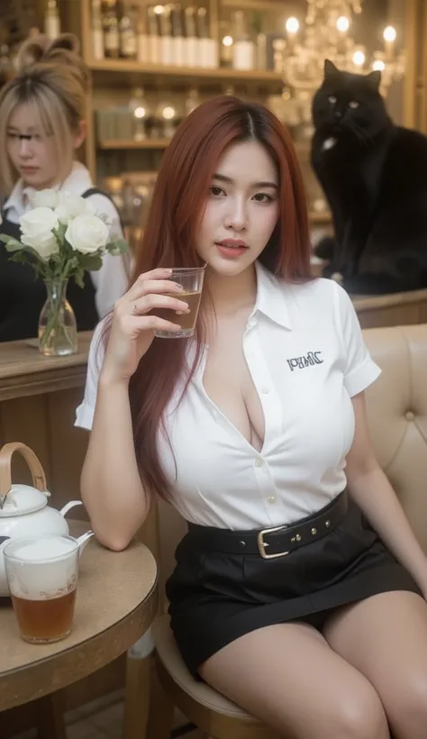 A portrait image shows a beautiful female student sitting in a luxurious, French-style cafe in Paris.
She is Korean-Thai. She has a long, fluffy haircut that shows off her narrow forehead. She has a voluptuous figure. She is chubby-sexy. She has a cherry-...