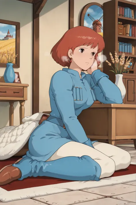 white tights,,Nausicaa,1girl,brown hair,medium hair,brown eyes, breasts,, (Masterpiece, top quality, 8k, High quality anime, detailed and accurate anime poster, Studio Ghibli style, High sense Art ), adorable face, very kind face, Sitting in front of dress...