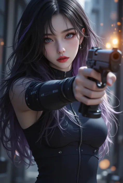 photorealistic、realistic skin texture、gun、extremely tight cyberpunk suit、beautiful long hair、Dim Cyberpunk City、Beautiful Thin Violet Eyes、Black hair with slightly purple tips、gun口をカメラに向けて