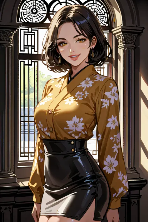 score_9, score_8_up, score_7_up, 1girl, Japanese woman, early 40s, cowboy shot, beautiful face, confident pose,
floral yellow silk blouse, tight black mini skirt, refined silhouette,
intelligent smile, full lips, soft wavy black hair, porcelain skin,
minim...