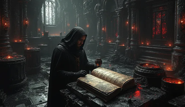 High-resolution image of an ancient brewery installed deep in an evil Gothic abbey. The environment is a catacomb converted into a beer tavern, with pointed arches and columns adorned with gargoyles. Scattered around the place , oxidized copper fermenters ...