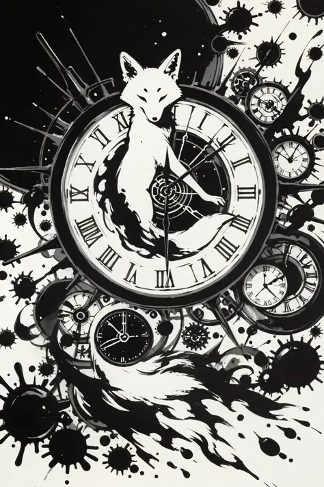 top quality, traditional art, black and white abstract style painting, sumi-e, ink art, ink splashes, broken clock in black ink, clock abstract ink art, there is a fox, double exposure, fox and the clock