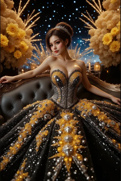 A high-resolution, detailed 3D rendering style. A young woman with big bobs, douyin-style makeup, adorned in a lavish gown, strapless dress, is seated against the backdrop of an elegant, tufted sofa. Her gown is striking, with a shimmering bodice adorned w...