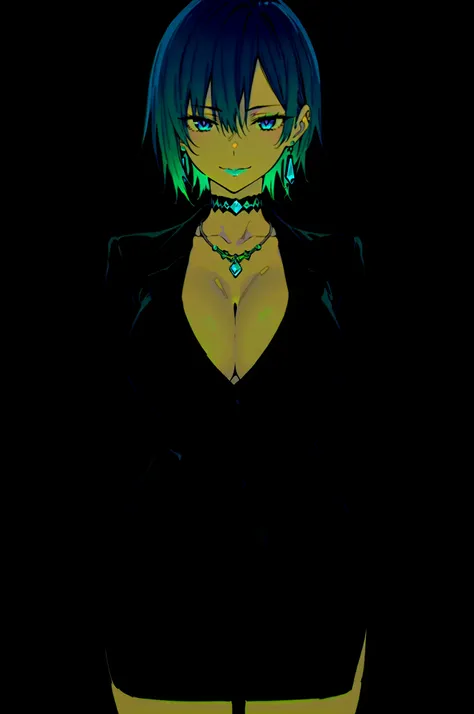 masterpiece,best quality,amazing quality,detailed shading,high contrast,cel-shading,anime screencap,anime coloring,straight-on,1girl,solo,Queen,blue hair,green hair,multicolored hair,two-tone hair,blue eyes,lipstick,makeup,jewelry,earrings,necklace,choker,...