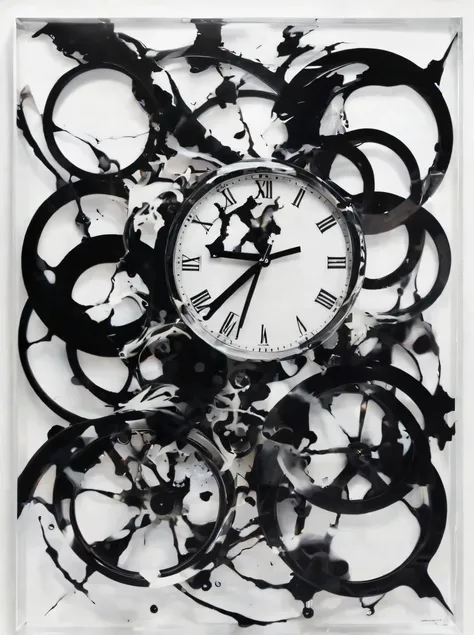 monochromatic abstract expressionism, disintegrating clock mechanisms rendered in fluid black ink, fox outline subtly integrated through transparent layers, white background with dynamic swirling patterns, double exposure technique blending animal and time...