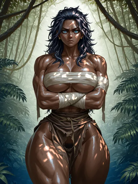 Ultra high quality, 1 primitive tribal warrior woman, standing alone in dense jungle, dark brown skin, extremely curvaceous and muscular body, large breasts, wide hips, thick thighs, minimal waist, smooth skin, completely wild and untamed appearance, confi...