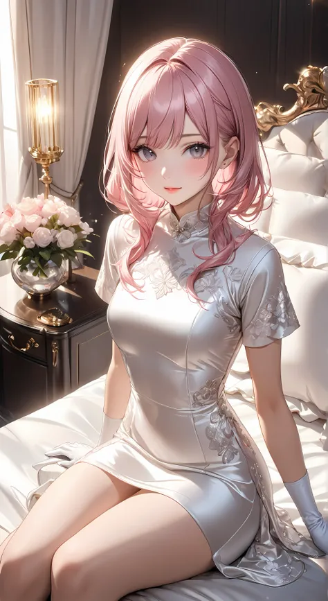 Full body photo、 Portrait、god々Shining Light、( masterpiece, Highest Quality, ultra high res ),highly detailed CG, Japanese woman,(( beautiful faces)),(( short sleeve tight dress、Made of white silk satin))、((The dress has a simple design with no frills)),s...