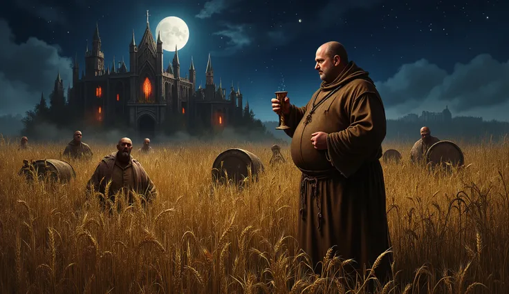High resolution image of a nighttime field of ripe barley under full moonlight. The golden grains wave gently in the night breeze, Creating an eerie contrast with the surrounding darkness. No centro da imagem, a corpulent medieval monk with rosy cheeks and...