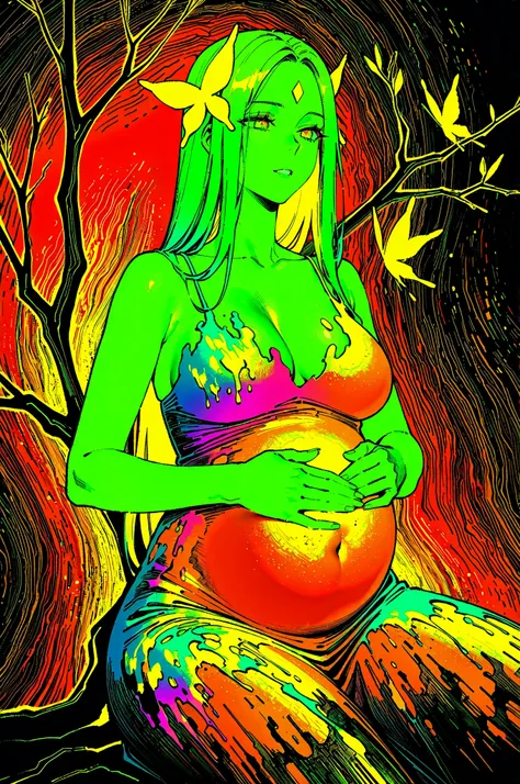 masterpiece, best quality, ulra detailed, very aesthetic, newest, highres, 8k,
painterly, colorful, flat colors, glowing, impasto, abstract, plump,
Earth mother, gaya, maternal figure, green colored skin, pregnant, hands on belly,
BREAK
(qiandaiyiyu:0.85),...