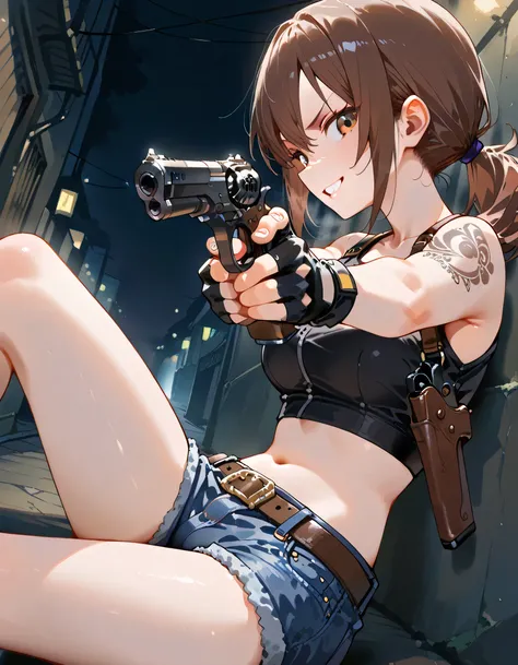 sideview+,profile,(dynamic angle,dynamic sitting double gun shoots pose),leaning back,looking at viewer,1girl, solo, ceiiai rrevyy, ponytail, brown eyes, shoulder tattoo, crop top, short shorts, denim shorts, belt, midriff, fingerless gloves, shoulder hols...