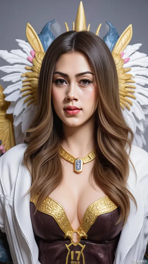 This is a full-body product shot of a highly detailed statue of a female character named **"ANGEWOMON"**.

The character has long, flowing blonde hair and is wearing a white, form-fitting outfit with armor-like details on her chest, thighs, and boots. She ...