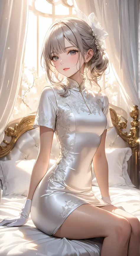 Full body photo、 Portrait、god々Shining Light、( masterpiece, Highest Quality, ultra high res ),highly detailed CG, Japanese woman,(( beautiful faces)),(( short sleeve tight dress、Made of white silk satin))、((The dress has a simple design with no frills)),s...