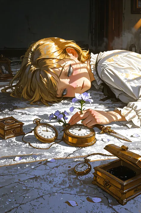 30-year-old man in his early 30s, white silk shirt, lying down in artificial virtual flower field, fallen noble aristocrat, (gray eyes filled with melancholy:1.3), holding (withered flower petal:1.2) in hand, (golden hair that has lost its luster:1.2), sca...