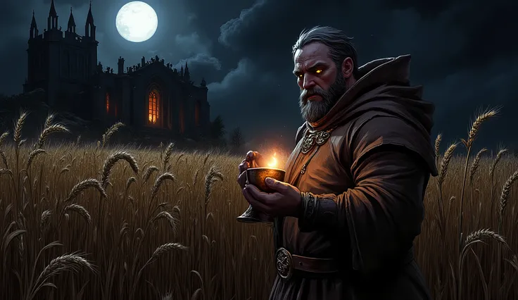 High resolution image of a nighttime field of ripe barley under full moonlight. The golden grains wave gently in the night breeze, Creating an eerie contrast with the surrounding darkness. No centro da imagem, a corpulent medieval monk with rosy cheeks and...