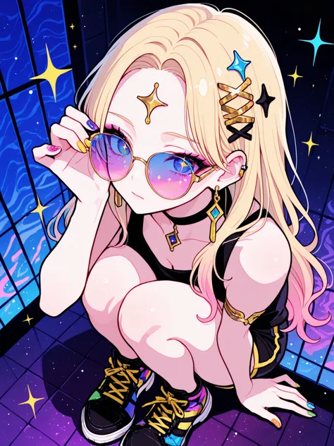 
Woman, solo, Colorful nails, rimless, eyes of gold, long hair,, hair ornaments,Zebra pattern background, Blonde, Sparkling Makeup on Her Face、Shibuya、moving poses、angle from above、colorful sunglasses、Full Body、Gal、shorts with back of head、pieces、Highest Q...