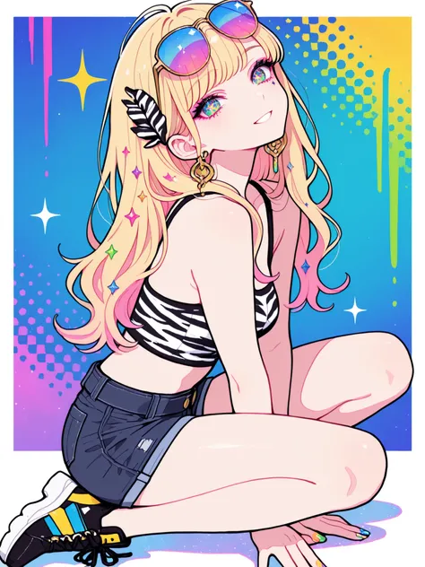 
Woman, solo, Colorful nails, rimless, eyes of gold, long hair,, hair ornaments,Zebra pattern background, Blonde, Sparkling Makeup on Her Face、Shibuya、moving poses、angle from above、colorful sunglasses、Full Body、Gal、shorts with back of head、pieces、Highest Q...