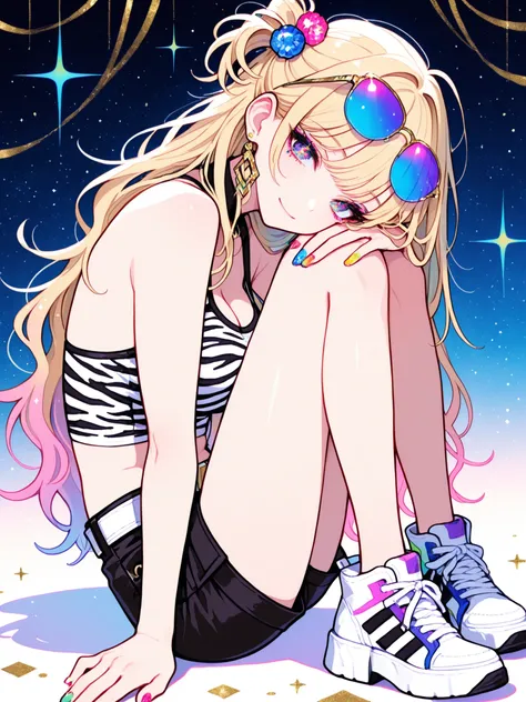 
Woman, solo, Colorful nails, rimless, eyes of gold, long hair,, hair ornaments,Zebra pattern background, Blonde, Sparkling Makeup on Her Face、Shibuya、moving poses、angle from above、colorful sunglasses、Full Body、Gal、shorts with back of head、pieces、Highest Q...