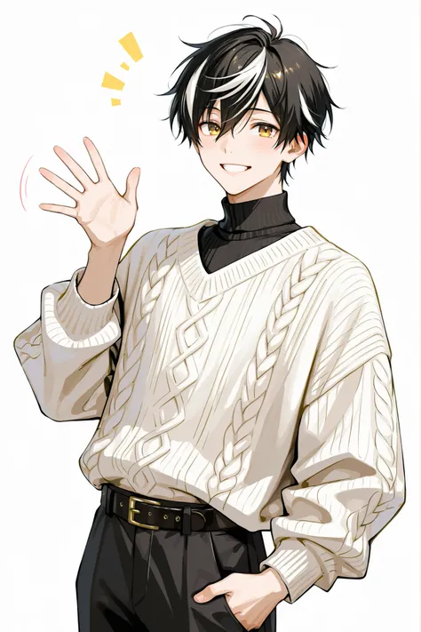 (masterpiece、Highest Quality、high resolution、white background)cowboy shot、solo shot、30 years old、 male、 youth、Adult、black short hair、random color streaked hair、soft hair、Golden Eyes、Gentle smile、black turtleneck、White　aran sweater、belt、pants、waving、bare ha...