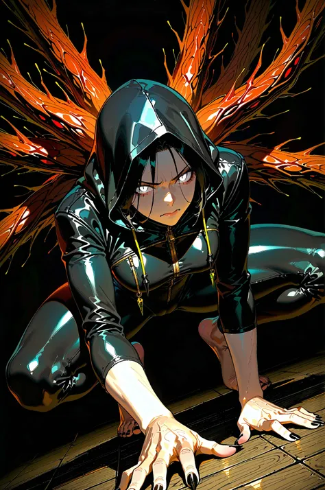 4m1Th0mps0n, traditional media, graphite \(medium\), colored pencil \(medium\),, best quality, masterpiece,
solo, eyes focus, reaching towards viewer, dutch angle, view from above, dynamic pose, single hand on ground, knelt down, squatting,
1girl,
white...