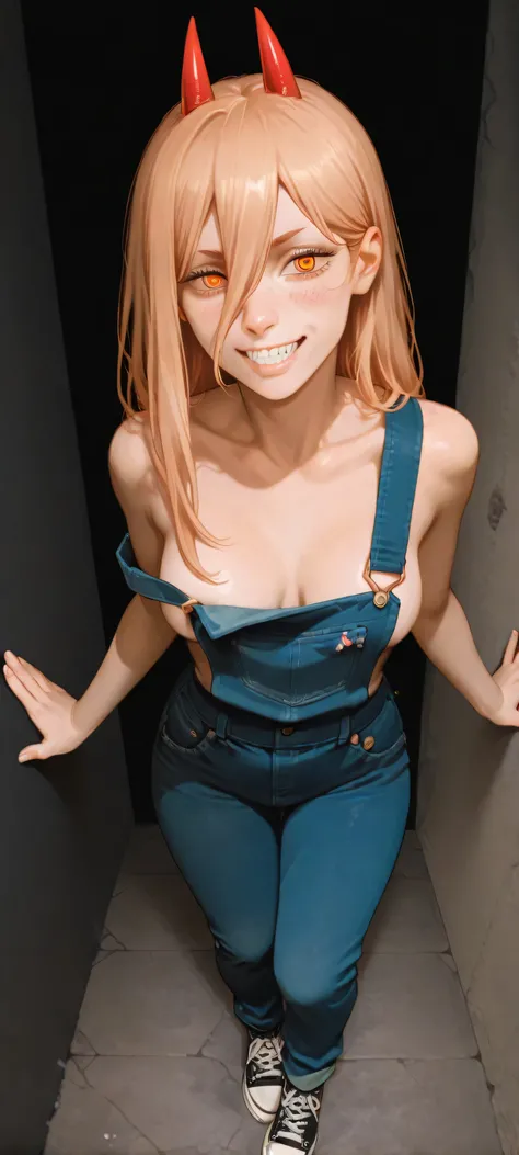 overhead shot: power (chainsaw man), she is alone, she is a very sexy woman, She was wearing jeans overalls, without a bra, no bra, she was wearing black converse shoes, she was standing in a very sexy pose, she was laughing and her teeth were sharp, her f...