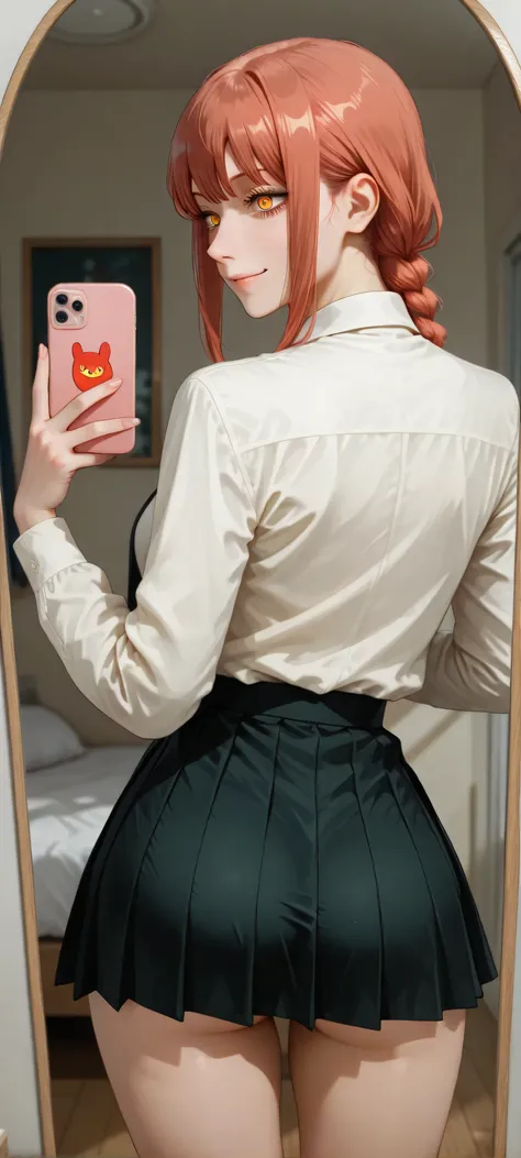 makima (chainsaw man), Butt Mirror Selfie, wearing a sexy school uniform, from behind, pleated mini skirt, holding a phone, vibrant smile