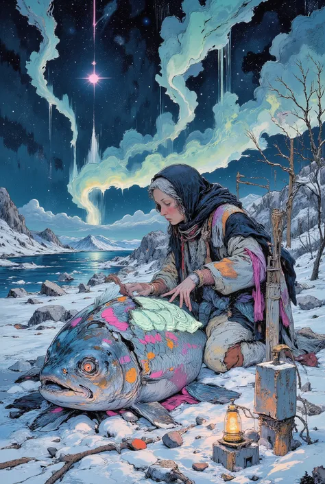 Vintage book illustration style, Soviet children's book design (for example, Vladimir Konashevich). Clear contours, soft smooth colors, paper texture. Palette: icy blue, silver, violet with bright pink and orange accents. Scene: A polar night on a snowy sh...