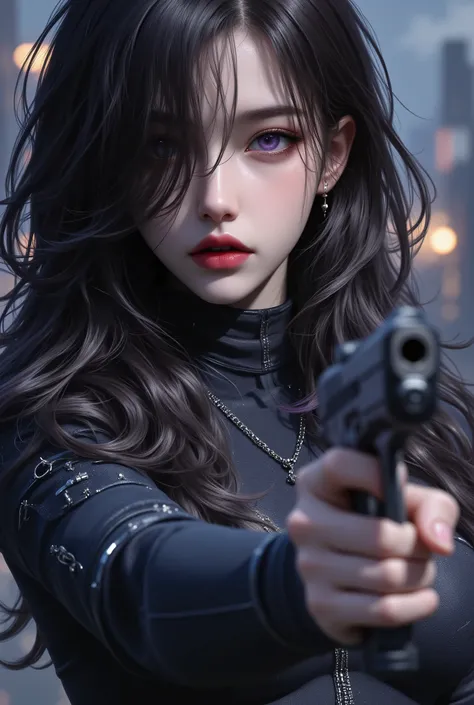 photorealistic、realistic skin texture、gun、extremely tight cyberpunk suit、beautiful long hair、Dim Cyberpunk City、Beautiful Thin Violet Eyes、Black hair with slightly purple tips、gun口をカメラに向けて