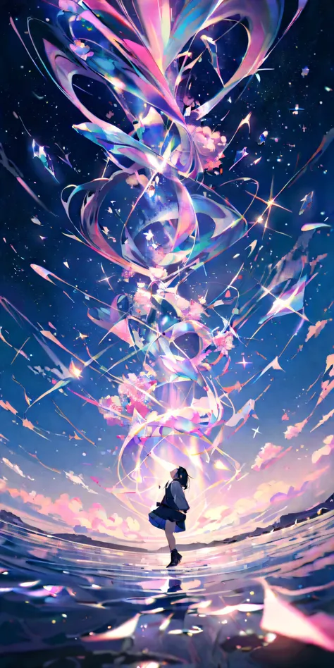 1girl\(cute,,chibi,student, young, hair\(short,silver,floating\), cosmic eyes, pale skin, (looking up:1.2)\). BREAK .(crystal clear bubbles\(shining prism,in the sky\), beautiful universe, (photo-realistic huge beautiful colorful aurora:1.2),high color sat...