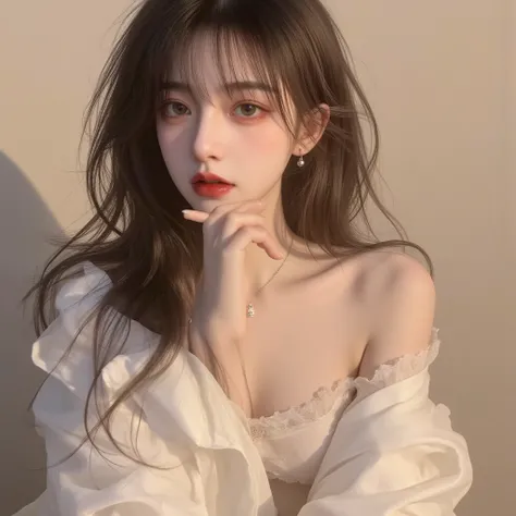 Beautiful Chinese woman wearing a white undershirt showing part of the bottom of the woman's chest