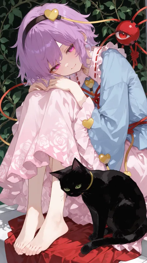 Quality(masterpiece、最高Quality、high resolution、Beautiful face down to the details、anatomically correct、detailed depiction)、Touhou Project,Satori Komeiji ,Komeiji Satori、Hair blowing in the wind 、 dynamic perspective、Smile、Serious face 、Looking ahead、Compos...