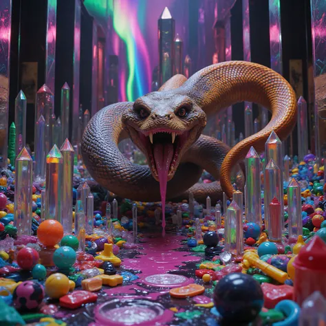 A monstrous entity with the head of a vicious demon combined with a king cobra, snarls and growls while saliva drips off its pointed teeth. Its body is serpentine and very thick and long. Photorealistic, UHD, realistic, portrait photography, cinematic port...