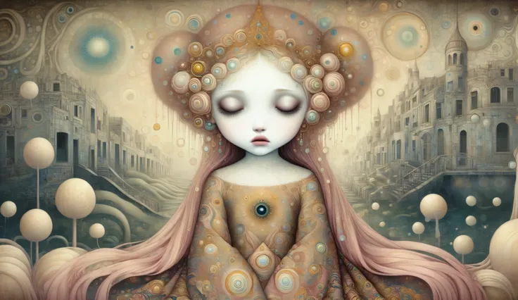 Surreal fantasy,  detailed, intricate, with patterns, texturized, dreamy and fantastical mood, a sad girl sitting huging her legs, a tear in her eye  by  Nicoletta Ceccoli