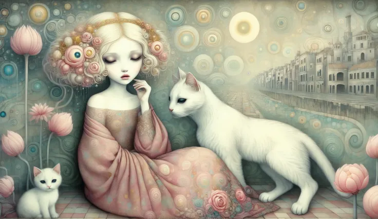 Surreal fantasy, detailed, intricate, with patterns, texturized, dreamy and fantastical mood, a sad girl sitting huging her legs, a tear in her eye, a kitty in her shoulder by Nicoletta Ceccoli