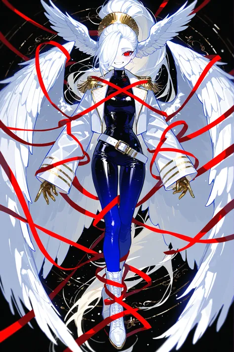 (xxx667_illu,)(feathered head wings, white head wings, gold head wings,) The magic girl,postwoman. She has an athletic build, peach colored skin covered with freckles and blush. She has fluffy blonde longest hair dyed in yellow, pulled back in a high ponyt...