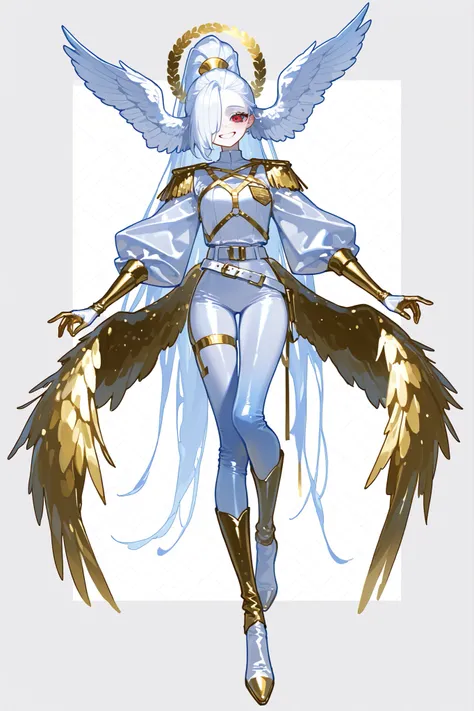 (xxx667_illu,)(feathered head wings, white head wings, gold head wings,) The magic girl,postwoman. She has an athletic build, peach colored skin covered with freckles and blush. She has fluffy blonde longest hair dyed in yellow, pulled back in a high ponyt...