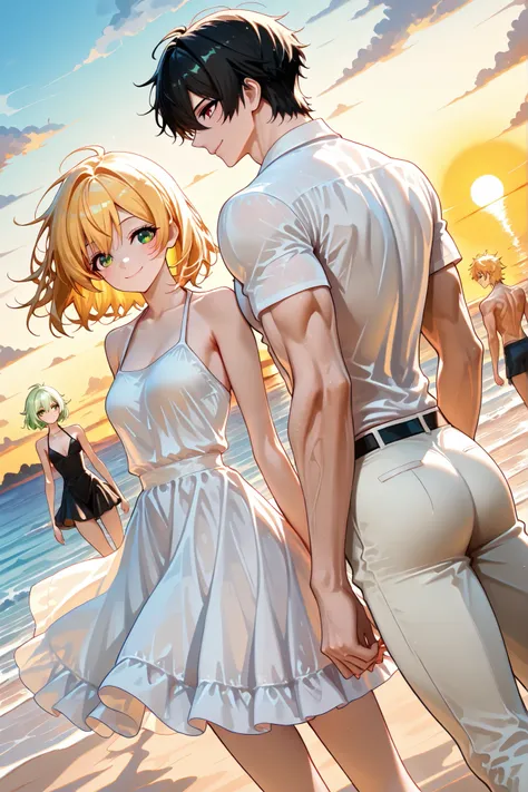 2 adults, female[from the side, Bright yellow hair based on a dynamic attitude , Light Green Eyes, in the back, smiles], Windy Beach, sandy beach, Distant View Sun, man[white shirt, Light Green 3/4 Pants, smiles, Skinny Muscular Body, Black Short Hair, Red...