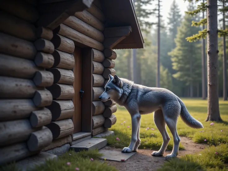  (masterpiece), best quality, 1wolf,  realistic, highly detailed, shallow depth of field, sharp focus, hyperrealism, cinematic lighting, photorealistic style, 8k solution, the gray wolf stands on its hind legs and knocks on the door of grandmas old log hou...