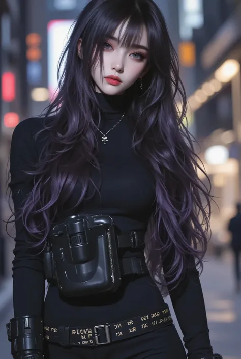 photo real、realistic skin texture、gun、Extremely Tight Cyberpunk Catsuit、beautiful long hair、Dim Cyberpunk City、Beautiful Thin Violet Eyes、Black hair with slightly purple tips、thinウエスト、Beautiful Standing、Equipped on a Belt、thin、style is good、Shoulder-width ...